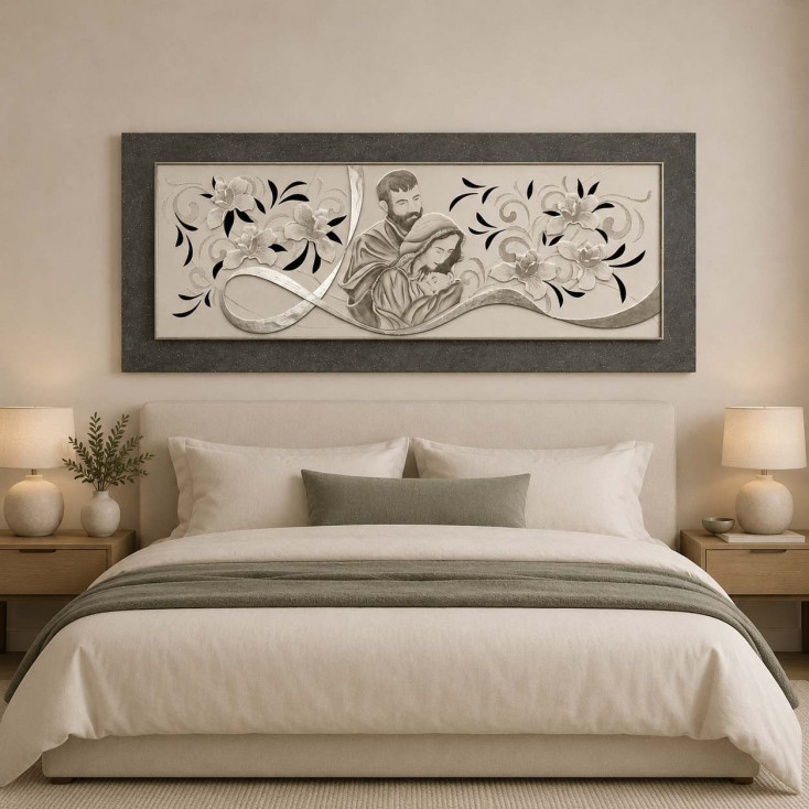 Capezzale Sacra Famiglia decori in rilievo in resina e foglia argento 155x65