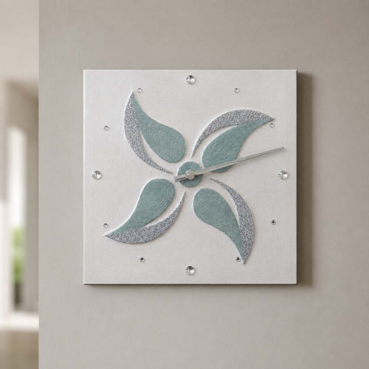 Orologio da parete a tema floreale in rilievo decori materici e glitter argento