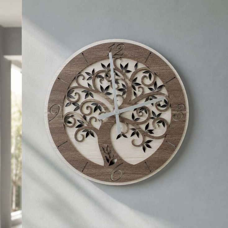 Orologio da parete in legno con albero della vita con dettagli foglia argento