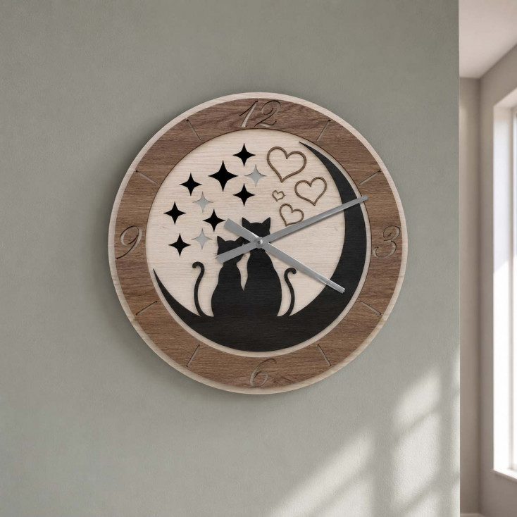 Orologio da parete in legno con due Gattini e con dettagli foglia argento
