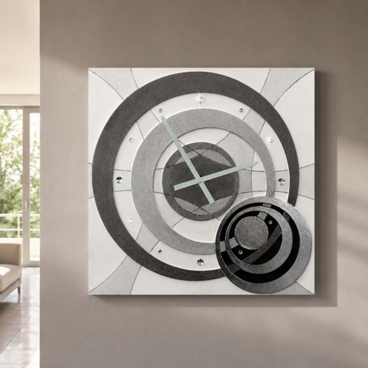 Orologio da parete moderno in legno decoro materico e foglia argento "Planet"