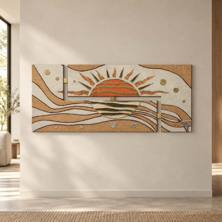 Pannello materico tema in rilievo in legno dettagli argento e oro 155x65