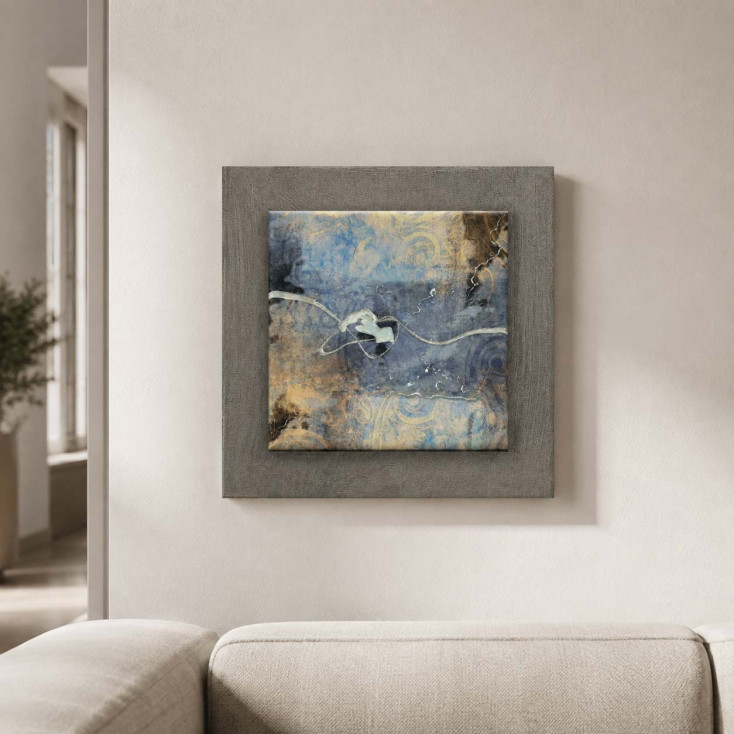 Quadretto astratto in legno in rilievo con dettagli moderni in argento 35x35
