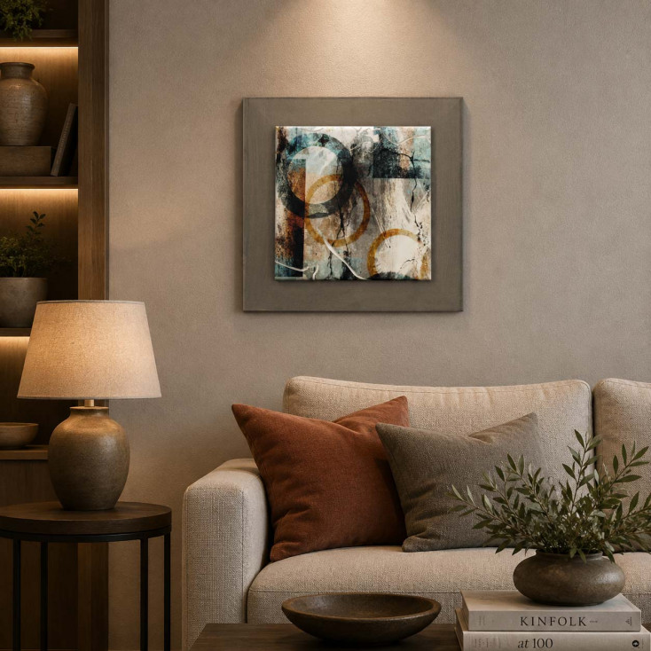 Quadretto astratto moderno in legno in rilievo con dettagli in argento 35x35