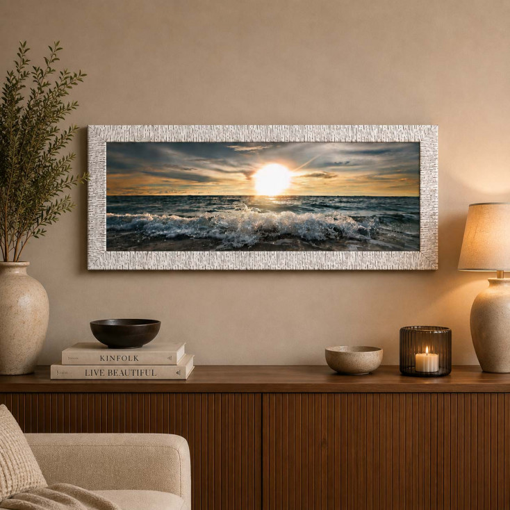 Quadro con cornice argento decori materici glitterati e strass 154x64 Tramonto