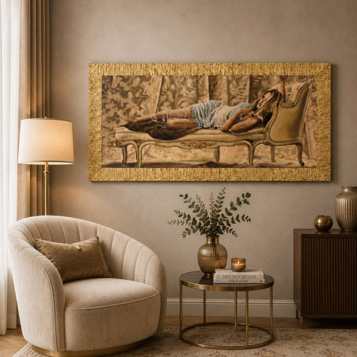 Quadro con cornice dorata moderna decori materici e dettagli glitterati 156x86