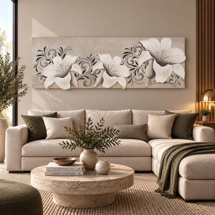Quadro con tema floreale in rilievo decoro in resina e foglia argento 155x65