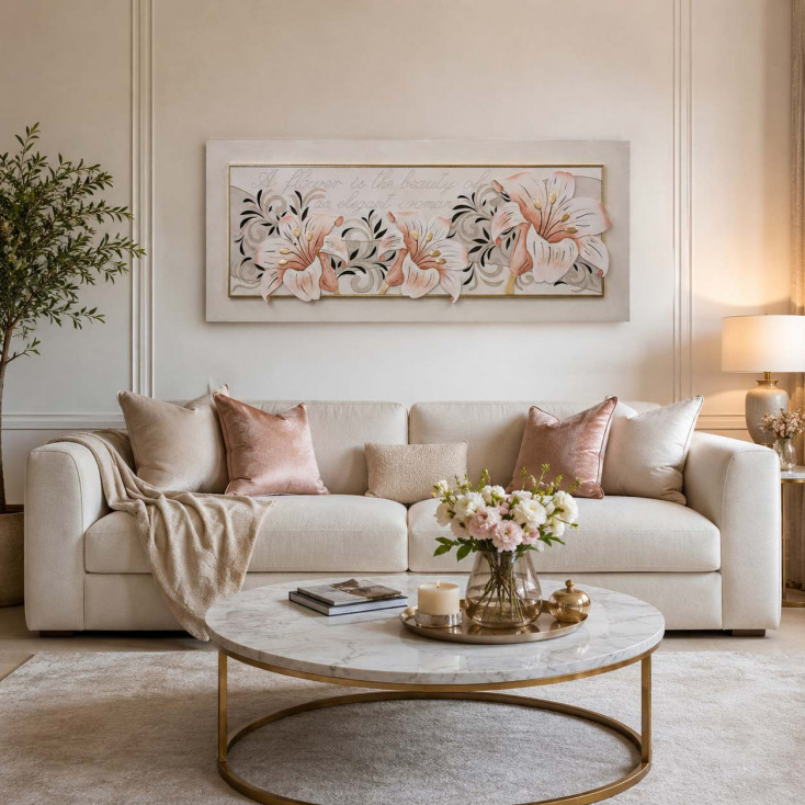 Quadro con tema floreale in rilievo decoro in resina e foglia oro 155x65
