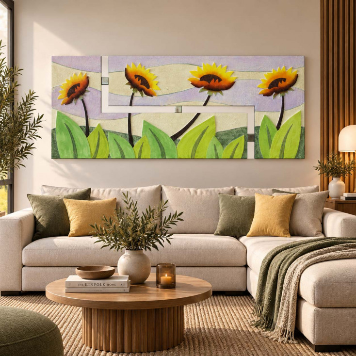 Quadro in legno con decori materici floreali e dettagli foglia argento 155x65