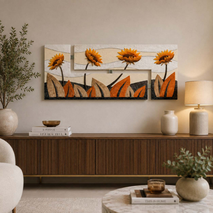 Quadro in legno floreale con decori materici e dettagli foglia argento 155x65