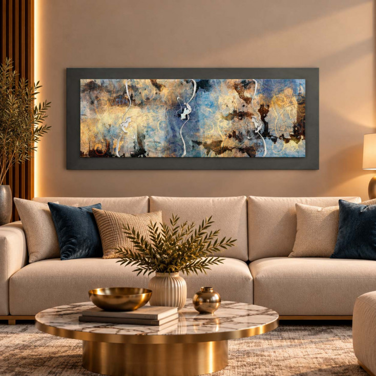 Quadro moderno astratto tema in rilievo in legno dettagli in argento 100X50