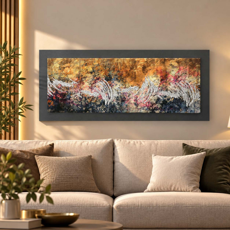 Quadro moderno astratto tema in rilievo in legno dettagli in argento 120X60