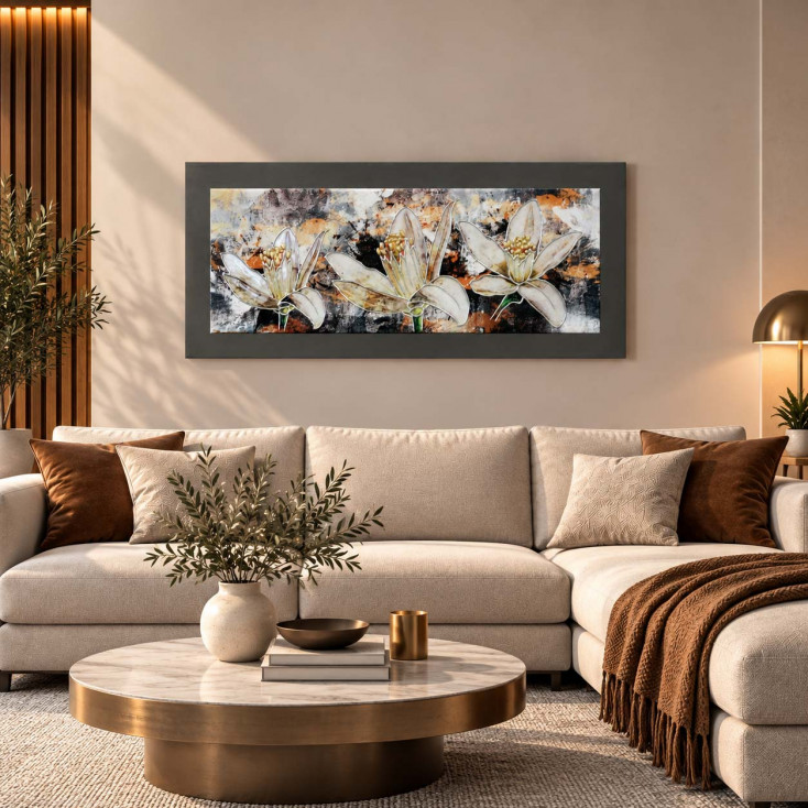 Quadro moderno in legno tema floreale in rilievo dettagli in argento 100X50