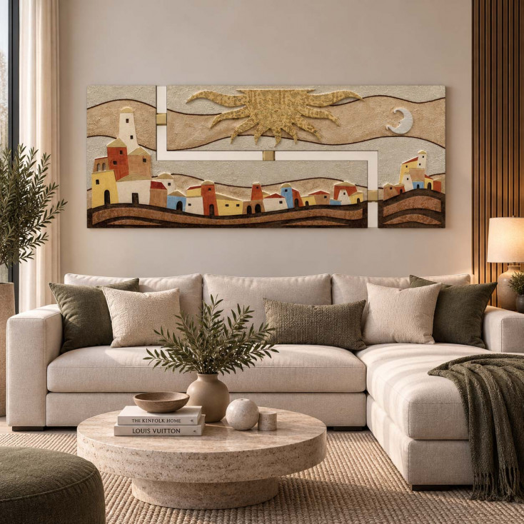 Quadro moderno per soggiorno con raffigurazione di un borgo 155x65