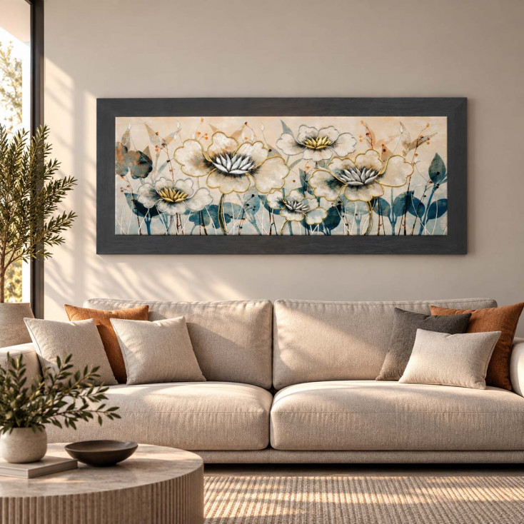Quadro tema floreale in legno in rilievo dettagli in argento 120X60