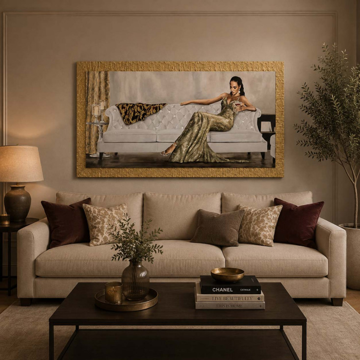 Stampa con cornice dorata a tema figurativo dettagli glitterati 116x66