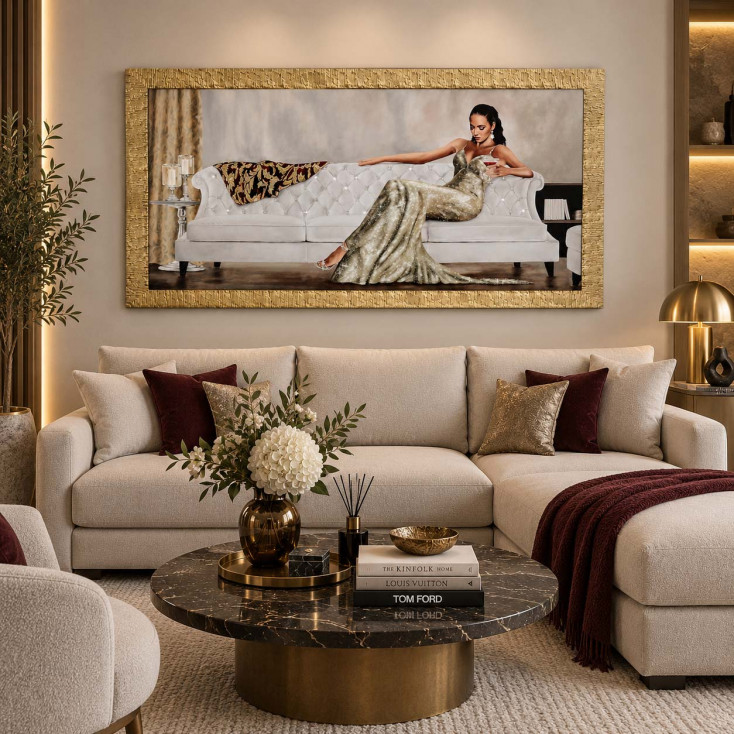 Stampa con cornice dorata a tema figurativo dettagli glitterati 154x86