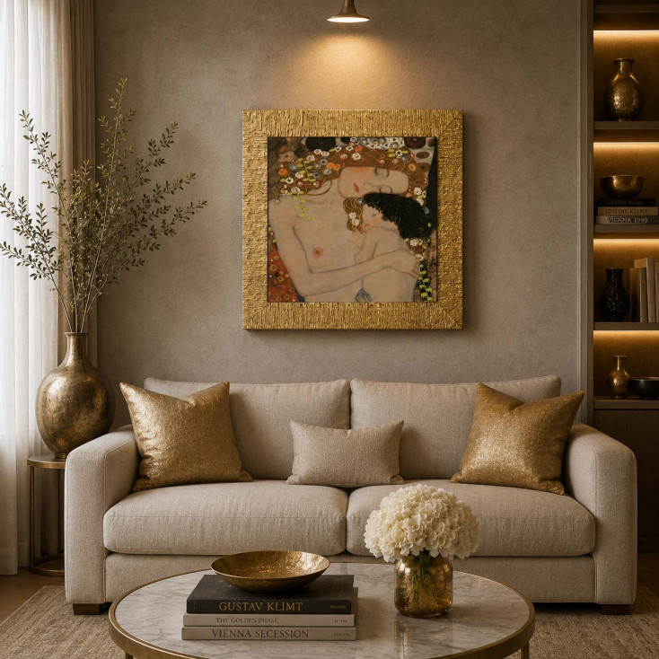 Stampa con cornice dorata con decori materici "Le tre età della vita" 61x61