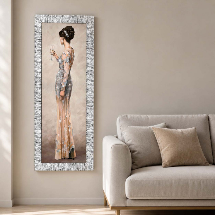 Stampa figurativa con cornice argentata decori con glitter e strass 56x136