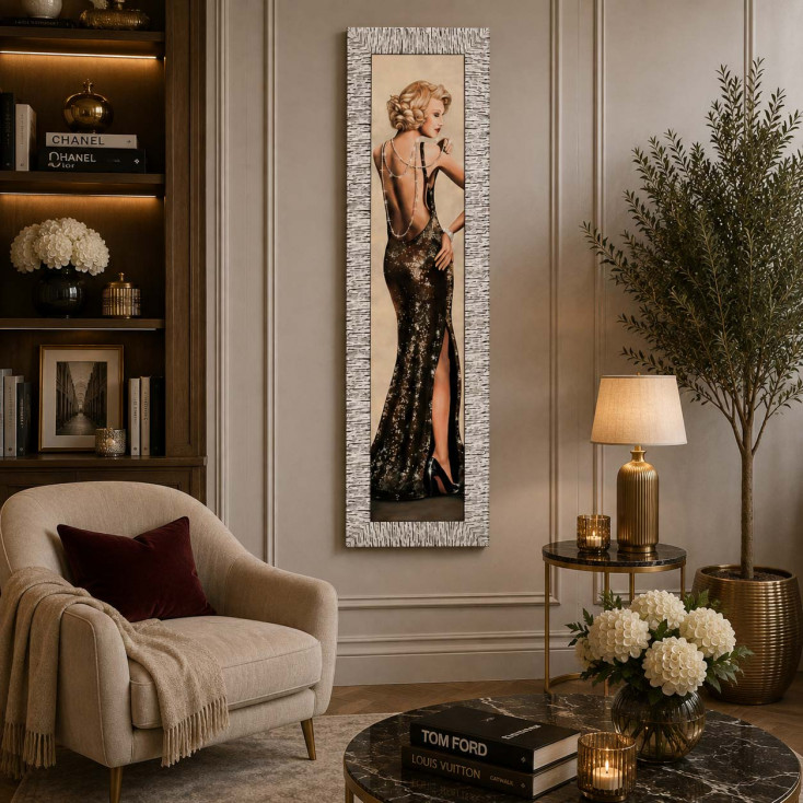 Stampa figurativa con cornice argentata glitterato con strass e brillanti 46x166