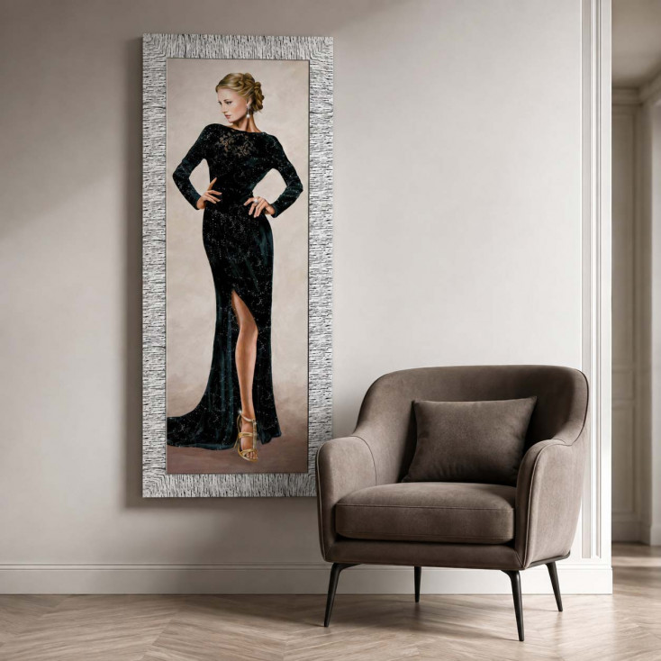 Stampa figurativa decori con glitter e strass con cornice argentata 56x136