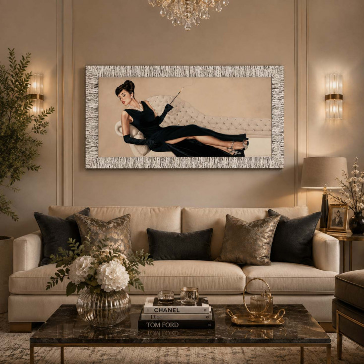 Stampa moderna con cornice argento figurativo glitter strass e brillanti 100X50