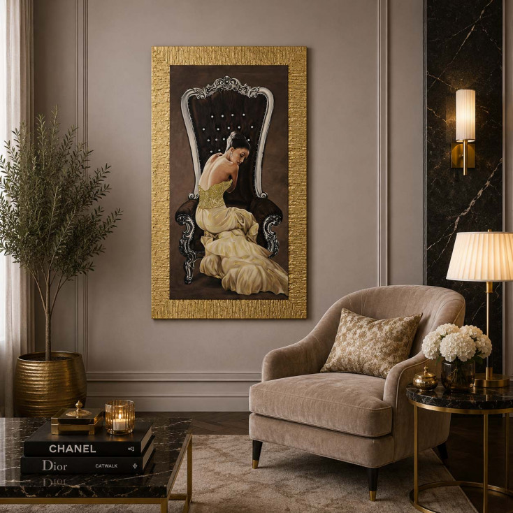 Stampa moderna con cornice oro decori materici con brillanti e strass 51x86
