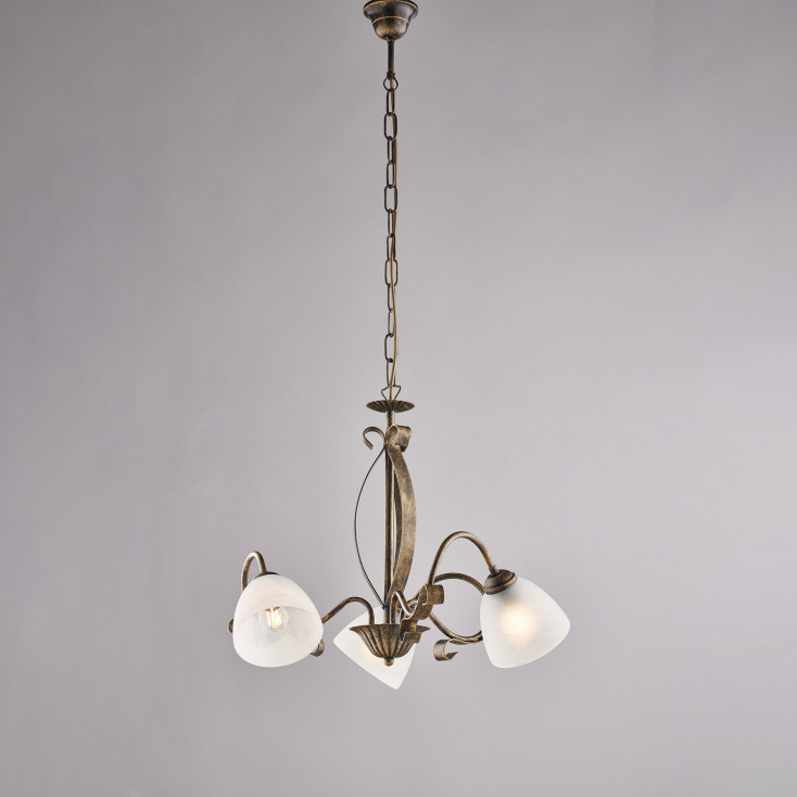 Lampadario classico in metallo laccato con 3 diffusori in vetro