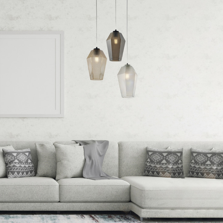 Lampada a sospensione in metallo con diffusori in vetro dal design moderno
