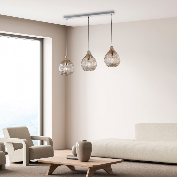 Lampada a sospensione moderna in metallo con triplo diffusore lineare in vetro