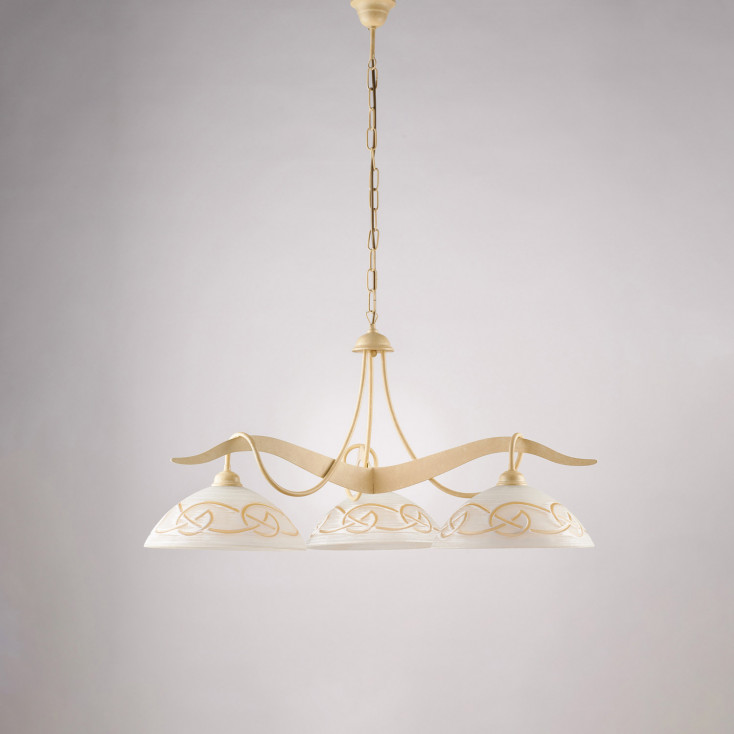 Lampadario rotondo classico in metallo e triplo diffusore in vetro