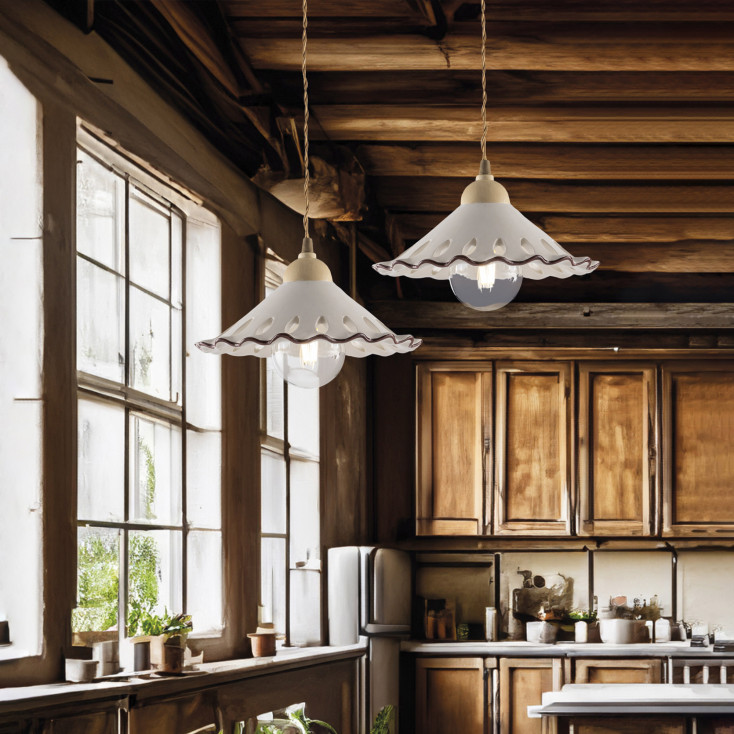 Lampada a sospensione rustica con singolo diffusore in ceramica