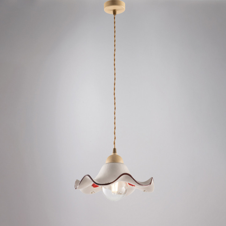Lampada a sospensione rustica con struttura in metallo e diffusore in ceramica