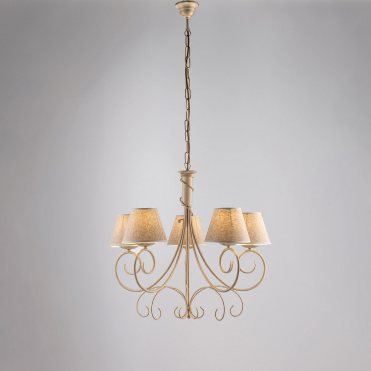 Lampadario grande dalle linee classiche con paralumi in tessuto