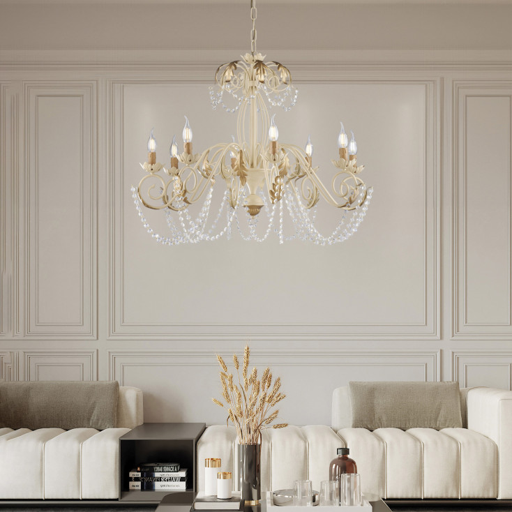 Lampadario grande in metallo con strass dalle linee classiche
