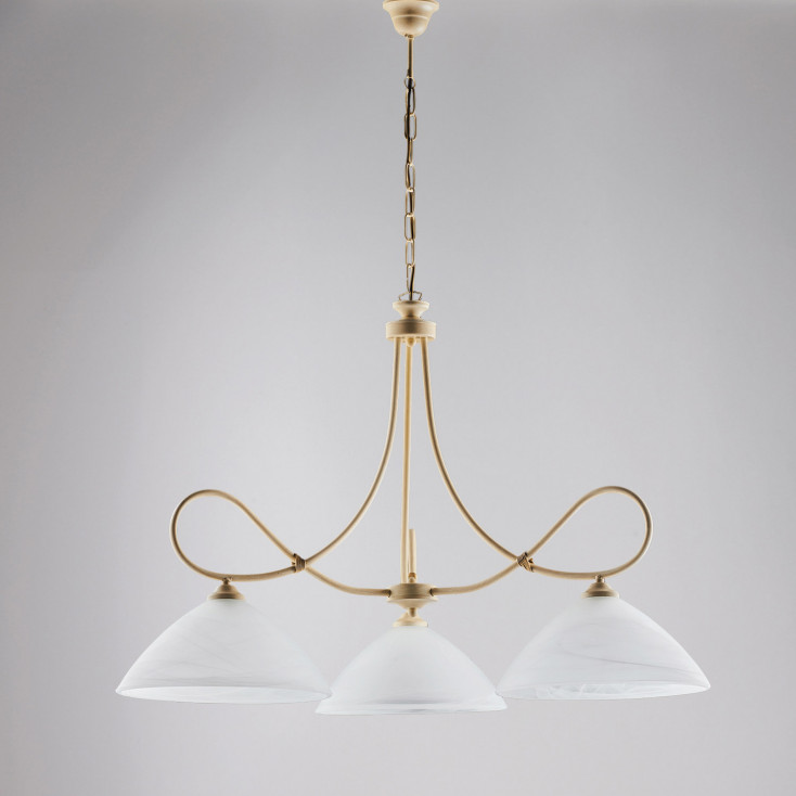 Lampadario grande struttura in metallo e paralumi in vetro