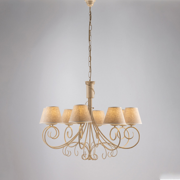 Lampadario rustico con struttura in metallo e 8 diffusori in tessuto