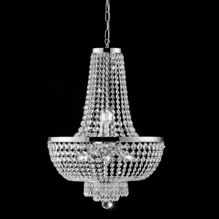 Lampadario classico in metallo cromato con strass in cristallo