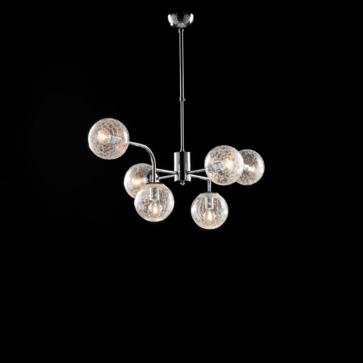 Lampadario moderno in metallo cromo lucido 6 luci con sfere in vetro soffiato
