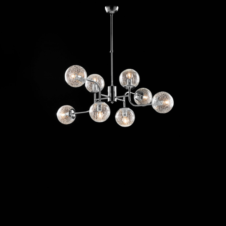 Lampadario moderno in metallo cromato lucido 8 luci con sfere in vetro soffiato