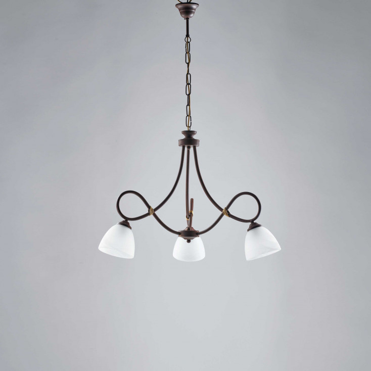 Lampadario piccolo con paralumi in vetro e struttura in metallo