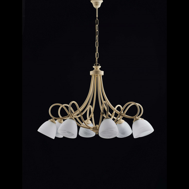 Lampadario grande paralumi in vetro e con struttura in metallo