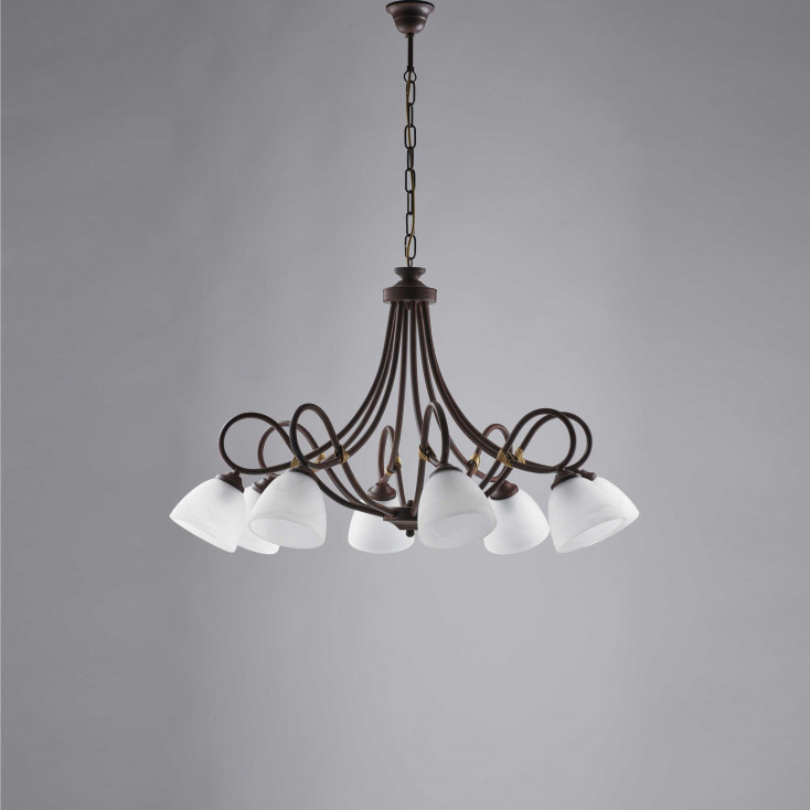 Lampadario grande paralumi in vetro e con struttura in metallo