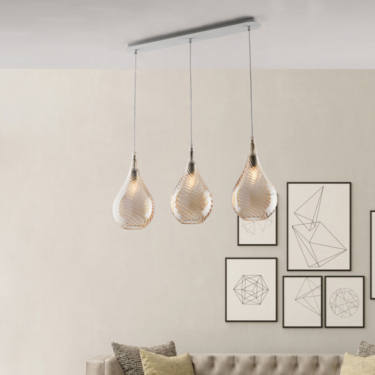 Lampada a sospensione con 3 diffusori lineari in vetro dal design moderno
