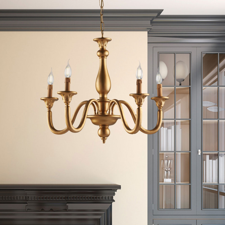 Lampadario classico con 5 diffusori e struttura in legno regolabile in altezza