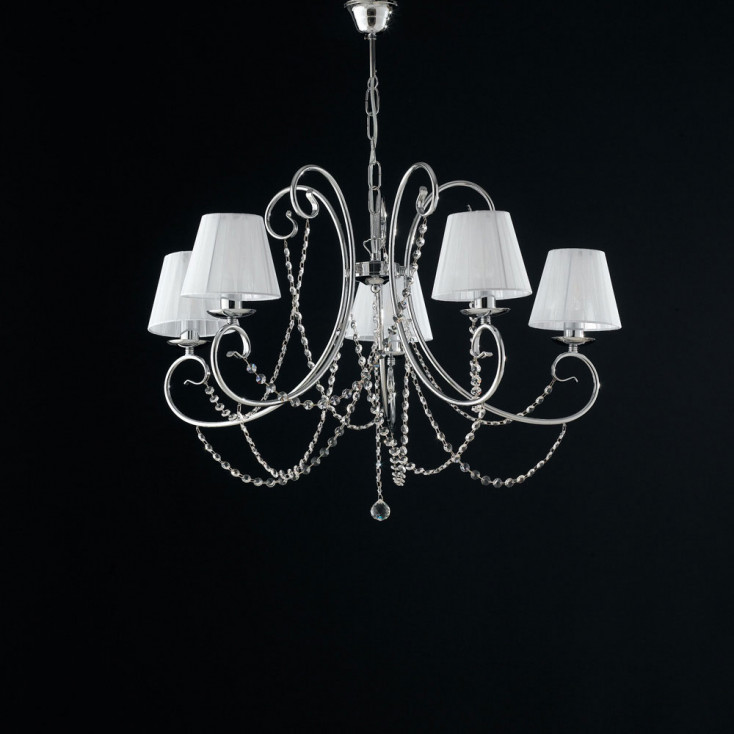Lampadario classico con 5 luci con strass in cristallo e paralumi in tessuto