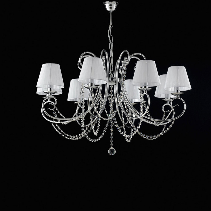 Lampadario classico con 8 luci con strass in cristallo e paralumi in tessuto