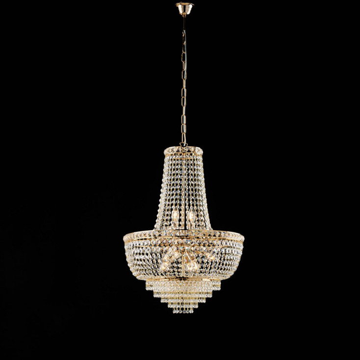 Lampadario classico con struttura in metallo e paralume in vetro
