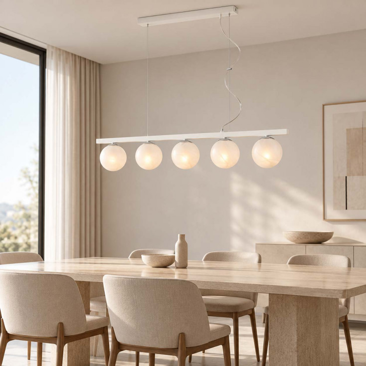 Lampadario moderno in metallo con 5 diffusori lineari in vetro a sfera