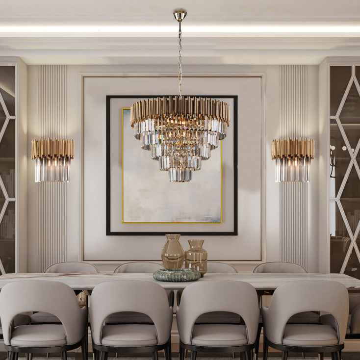 Lampadario moderno rotondo con struttura in metallo e paralume in vetro